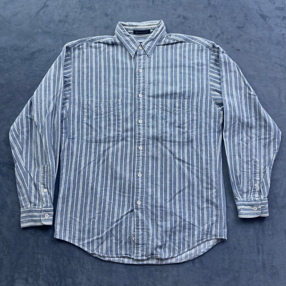 VTG Eddie Bauer Bainbridge Flannel Shirt Mens M Blue White Striped Cotton L/S